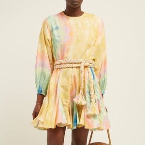 RHODE resort ella belted pleated cotton long sleeve mini dress tie dye print